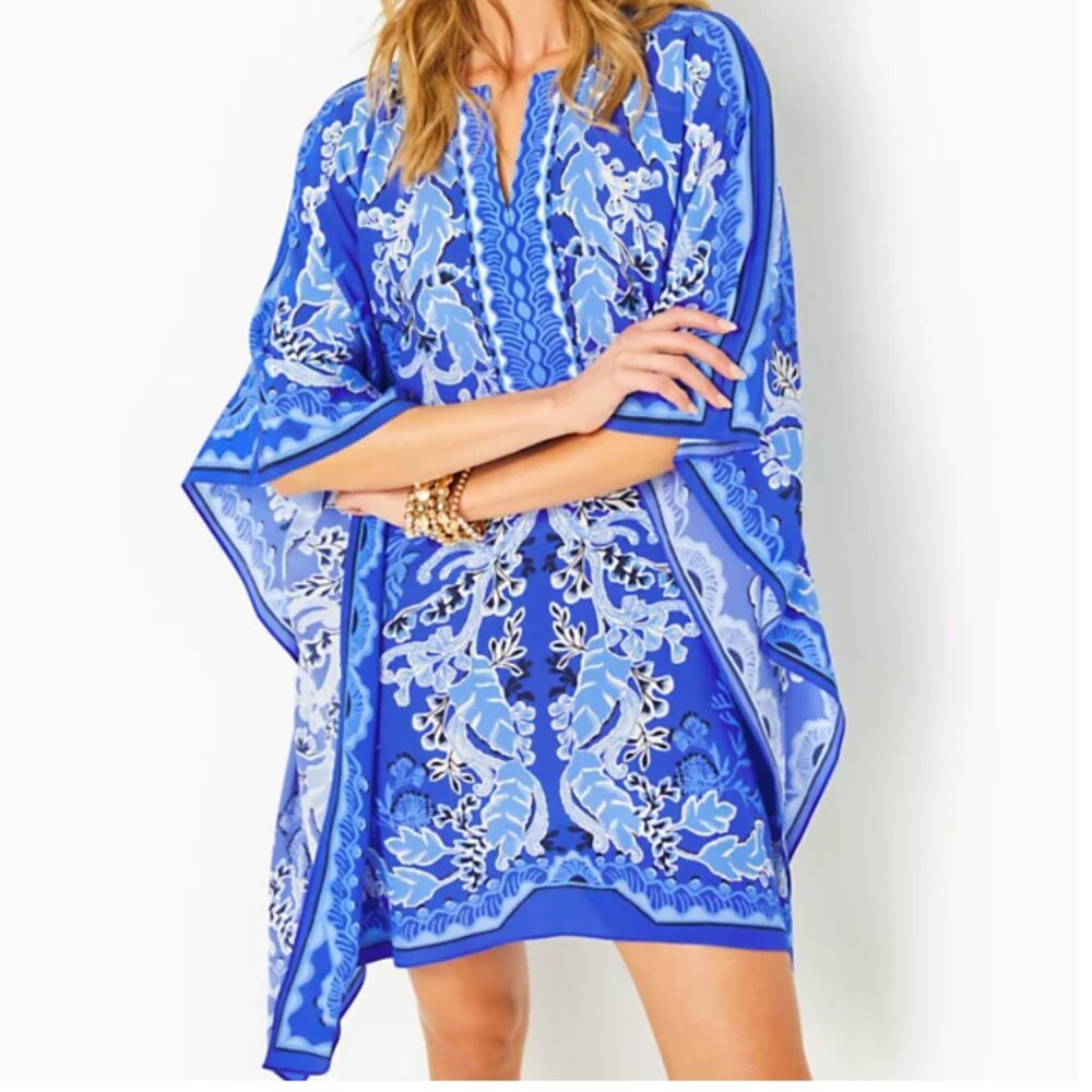 Lilly Pulitzer Cinzia Silk Caftan Alba Blue Baja Cove S/M